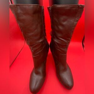 Chic Brown Knee-High Heeled Boots with Buckle Accent | Size 11
